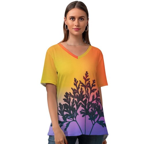 yanfind V Neck T-shirt for Women Marek Piwnicki Herbal Plant Gradient RGB Light Colorful Multicolor Silhouette Vibrant Summer Top  Short Sleeve Casual Loose