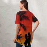 yanfind V Neck T-shirt for Women Love Couple Palm Trees Sky Sunset Silhouette Romance Summer Top  Short Sleeve Casual Loose