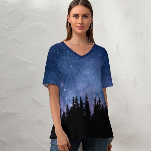 yanfind V Neck T-shirt for Women Night Starry Sky Forest Silhouette Astronomy Cosmos Summer Top  Short Sleeve Casual Loose
