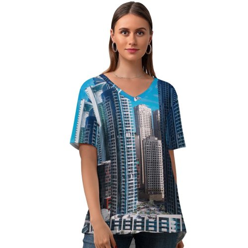 yanfind V Neck T-shirt for Women Dubai Cityscape Skyscrapers Metropolitan Urban Summer Top  Short Sleeve Casual Loose