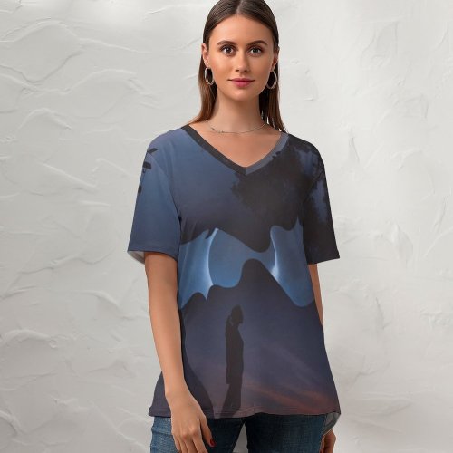 yanfind V Neck T-shirt for Women Love Couple Lonely Silhouette Eclipse Romantic Night Dark Mood Summer Top  Short Sleeve Casual Loose