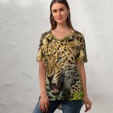 yanfind V Neck T-shirt for Women Leopard Grass Wild Big Cat Summer Top  Short Sleeve Casual Loose