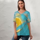 yanfind V Neck T-shirt for Women Splash Droplet Cyan Aqua Wave Fruit Liquid Summer Top  Short Sleeve Casual Loose
