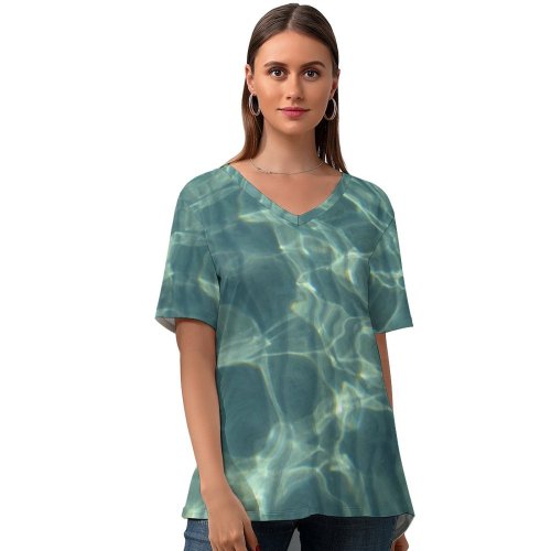 yanfind V Neck T-shirt for Women Sea Ocean Light Clear Ripples Wavy Lines Aqua Turquoise Azure Teal Organism Summer Top  Short Sleeve Casual Loose