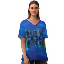 yanfind V Neck T-shirt for Women Mohsen Kamalzadeh Coal Harbour Vancouver City Canada Cityscape Reflection Skyscrapers City Lights Summer Top  Short Sleeve Casual Loose