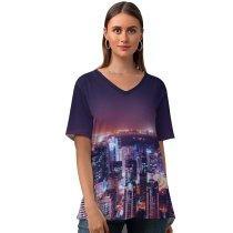 yanfind V Neck T-shirt for Women Daniel Zacatenco Dubai City United Arab Emirates City Cityscape Night Time City Summer Top  Short Sleeve Casual Loose