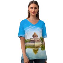 yanfind V Neck T-shirt for Women Forbidden City Beijing China Imperial Palace Ming Dynasty UNESCO Heritage Reflection Sky Summer Top  Short Sleeve Casual Loose