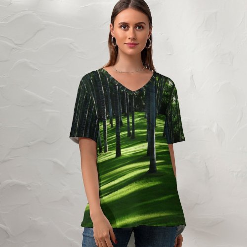 yanfind V Neck T-shirt for Women Grass Trees Woods Daylight Forest Landscape Summer Top  Short Sleeve Casual Loose