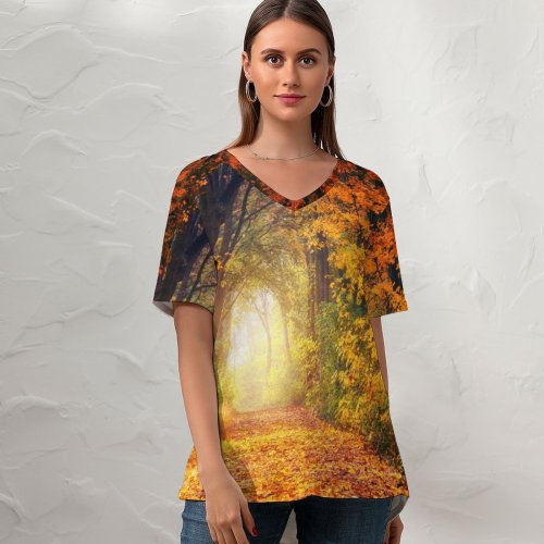 yanfind V Neck T-shirt for Women Johannes Plenio Forest Road Maple Trees Autumn Fall Light Summer Top  Short Sleeve Casual Loose