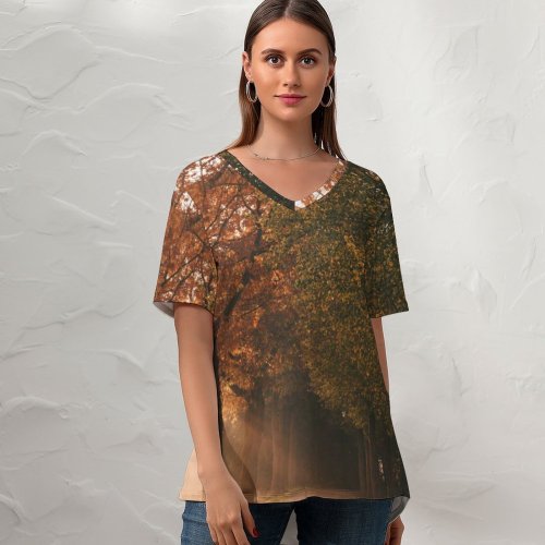 yanfind V Neck T-shirt for Women Autumn Sunlight Sun Rays Foggy Morning Road Sunrise Trees Summer Top  Short Sleeve Casual Loose
