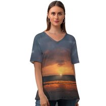 yanfind V Neck T-shirt for Women Sunset Landscape Dusk Summer Top  Short Sleeve Casual Loose