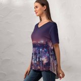 yanfind V Neck T-shirt for Women Daniel Zacatenco Dubai City United Arab Emirates City Cityscape Night Time City Summer Top  Short Sleeve Casual Loose