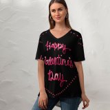 yanfind V Neck T-shirt for Women Black Dark Celebrations Valentine's Love Happy Valentine's Love Heart Letters Summer Top  Short Sleeve Casual Loose