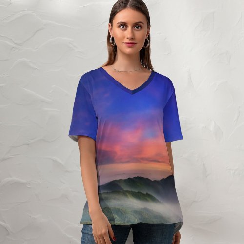 yanfind V Neck T-shirt for Women Anek Suwannaphoom Hot Air Balloons Doi Inthanon National Park Sunrise Dawn Hills Summer Top  Short Sleeve Casual Loose
