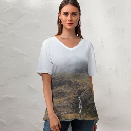 yanfind V Neck T-shirt for Women Autumn Public Grass Wallpapers Lake Mountain Rock Snowdon Caernarfon Waterfall Pictures Summer Top  Short Sleeve Casual Loose