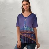 yanfind V Neck T-shirt for Women Anek Suwannaphoom Lotte Tower Seoul Cityscape Bridge Night City Lights Korea Summer Top  Short Sleeve Casual Loose