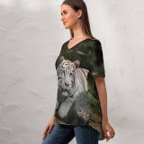 yanfind V Neck T-shirt for Women Anek Suwannaphoom Bengal Tiger Tiger Wild Summer Top  Short Sleeve Casual Loose