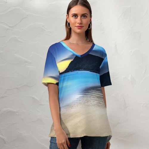 yanfind V Neck T-shirt for Women Lowe Rehnberg Grotlesanden Beach Norway Coastal Landscape Exposure Seascape Ocean Mountains Turquoise Summer Top  Short Sleeve Casual Loose