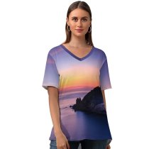 yanfind V Neck T-shirt for Women Quang Nguyen Lighthouse Sunset Dusk Twilight Seascape Scenic Ocean Summer Top  Short Sleeve Casual Loose