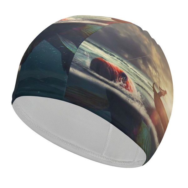 yanfind Swimming Cap Fantasy Surreal Fishing Boat Sea Sunrise Underwater Elastic,suitable for long and short hair
