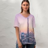 yanfind V Neck T-shirt for Women Burj Khalifa Dubai Skyscraper Cityscape Modern Architecture Hour Metropolitan Urban Summer Top  Short Sleeve Casual Loose