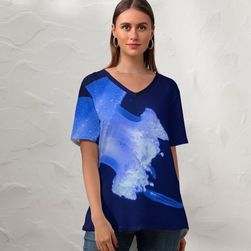 yanfind V Neck T-shirt for Women William Warby Jellyfish Underwater Glowing Summer Top  Short Sleeve Casual Loose