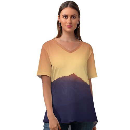 yanfind V Neck T-shirt for Women Jordan Steranka Mountains Sunset Silhouette Sky Dusk Sunrise Seattle Washington Landscape Summer Top  Short Sleeve Casual Loose
