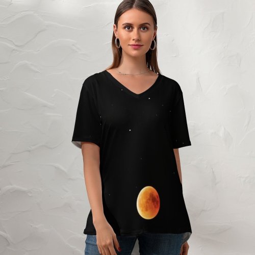 yanfind V Neck T-shirt for Women Black Dark Blood Moon Lunar Eclipse Starry Sky Astronomy Summer Top  Short Sleeve Casual Loose