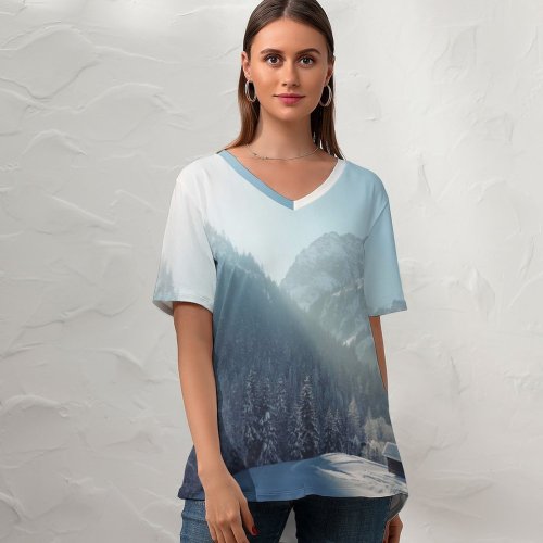 yanfind V Neck T-shirt for Women Barn Building Pine Alps Landscape Snow Wallpapers Mountain Outdoors Stock Free Summer Top  Short Sleeve Casual Loose
