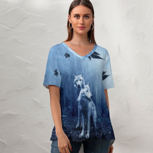 yanfind V Neck T-shirt for Women Comfreak Black Dark Wolf Forest Dark Predator Wild Tree Trunks Sun Light Summer Top  Short Sleeve Casual Loose
