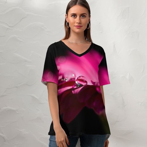 yanfind V Neck T-shirt for Women Flowers Daisy Gerbera Daisy Dew Drops Droplets Summer Top  Short Sleeve Casual Loose