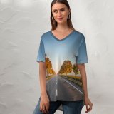 yanfind V Neck T-shirt for Women Autumn Barrier Journey Landscape Wallpapers Tree Alsheim Wine Trip Road Pictures Summer Top  Short Sleeve Casual Loose
