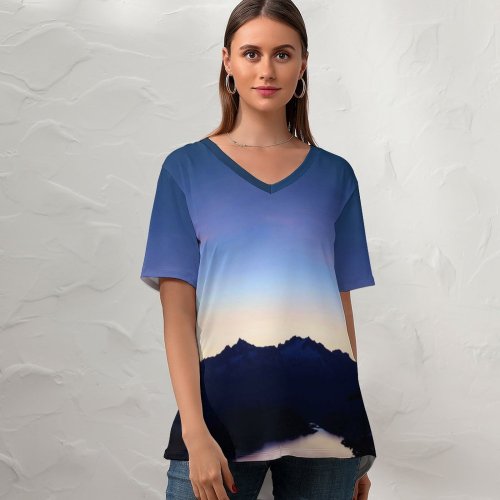 yanfind V Neck T-shirt for Women Jordan Steranka Hidden Lake Mountains Silhouette Sunset Crescent Moon Clear Sky Dark Summer Top  Short Sleeve Casual Loose