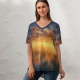 yanfind V Neck T-shirt for Women Johannes Plenio Tree Sunrise Birds Reflection Seascape Summer Top  Short Sleeve Casual Loose