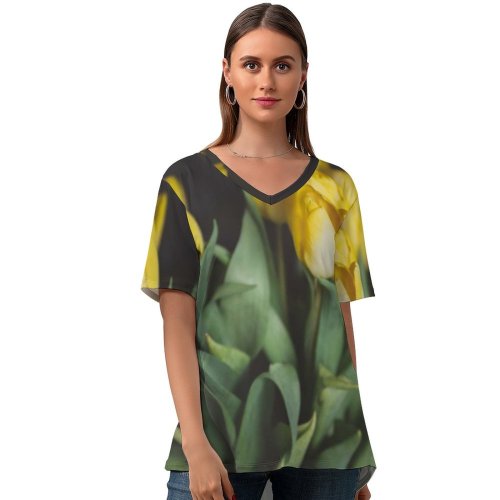 yanfind V Neck T-shirt for Women Arrangement Tullips Bouquet Floral Flora Spring Petal Wallpapers Plant Tulip Pictures Summer Top  Short Sleeve Casual Loose