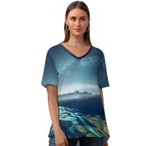 yanfind V Neck T-shirt for Women Grafixart Mountains Starry Sky Night Aerial Landscape Summer Top  Short Sleeve Casual Loose