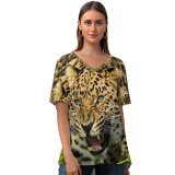 yanfind V Neck T-shirt for Women Leopard Grass Wild Big Cat Summer Top  Short Sleeve Casual Loose