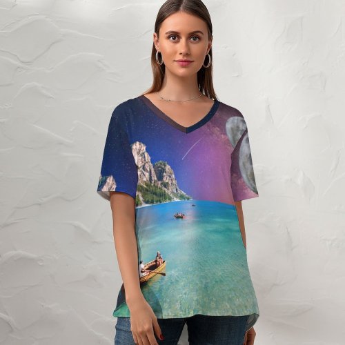 yanfind V Neck T-shirt for Women Jessica Wright Holidays Moon Starry Sky Tour Seascape Boating Collage Couple Honeymoon Summer Top  Short Sleeve Casual Loose
