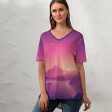 yanfind V Neck T-shirt for Women Coyle Scenery Lakeside Sunset Lake Landscape Scenic Panorama Summer Top  Short Sleeve Casual Loose