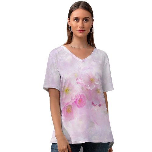 yanfind V Neck T-shirt for Women Flowers Cherry Blossom Flowers Cherry Tree Girly Spring Summer Top  Short Sleeve Casual Loose