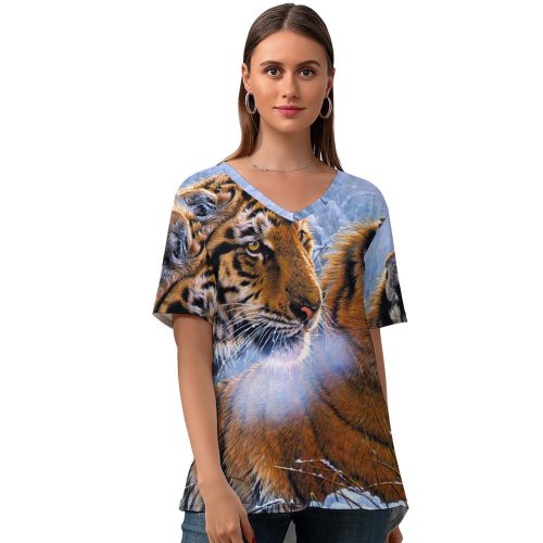 yanfind V Neck T-shirt for Women Tigers Pair Frozen Winter Snow Big Cats Summer Top  Short Sleeve Casual Loose