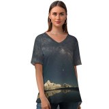 yanfind V Neck T-shirt for Women Mount Gongga Minya Konka China Milky Way Glacier Mountains Mountain Peak Starry Summer Top  Short Sleeve Casual Loose