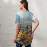 yanfind V Neck T-shirt for Women Dubai City Aerial Cityscape City Lights Exposure United Arab Emirates Skyscrapers High Summer Top  Short Sleeve Casual Loose