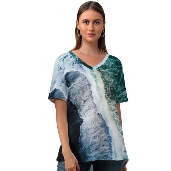 yanfind V Neck T-shirt for Women Willian Justen De Vasconcellos Reynisfjara Sand Beach Waves Aerial Ocean Iceland Summer Top  Short Sleeve Casual Loose