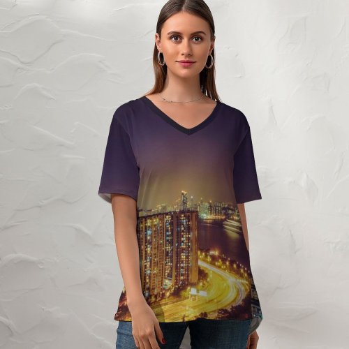 yanfind V Neck T-shirt for Women Nattu Adnan Quarry Bay Park Hong Kong City Cityscape Night Time City Summer Top  Short Sleeve Casual Loose