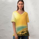 yanfind V Neck T-shirt for Women Talip ÇETİN Golden Sand Beach Cyprus Coastal Seascape Sunset Seashore Summer Top  Short Sleeve Casual Loose