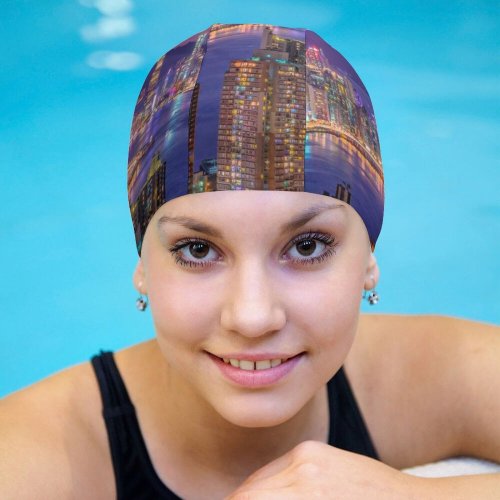 yanfind Swimming Cap Daniam Chou City Night  Cityscape Hong Kong Skyscrapers Purple Sky River Elastic,suitable for long and short hair