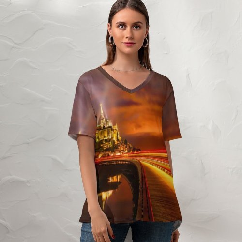 yanfind V Neck T-shirt for Women Trey Ratcliff Mont Saint Michel France Cathedral Monastery Church Night Time Light Summer Top  Short Sleeve Casual Loose