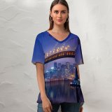 yanfind V Neck T-shirt for Women GoMustang Bay Bridge San Francisco–Oakland Bay Bridge Night City Lights Urban Summer Top  Short Sleeve Casual Loose