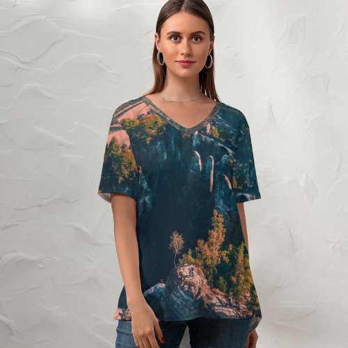 yanfind V Neck T-shirt for Women Canyon Rathen Landscape Aerial Wallpapers Mountain Fish Outdoors Scenery Free Art Summer Top  Short Sleeve Casual Loose